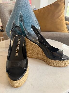 Stuart Weitzman Black Patent Espadrille Wedge Slingback Sandals 5.5